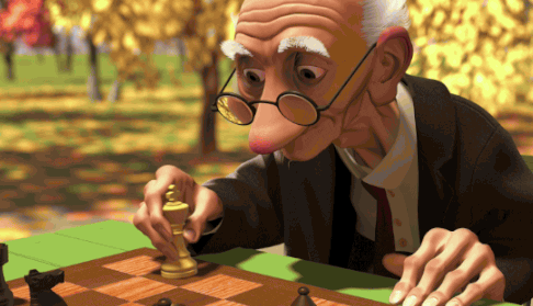 two elderly people playing chess